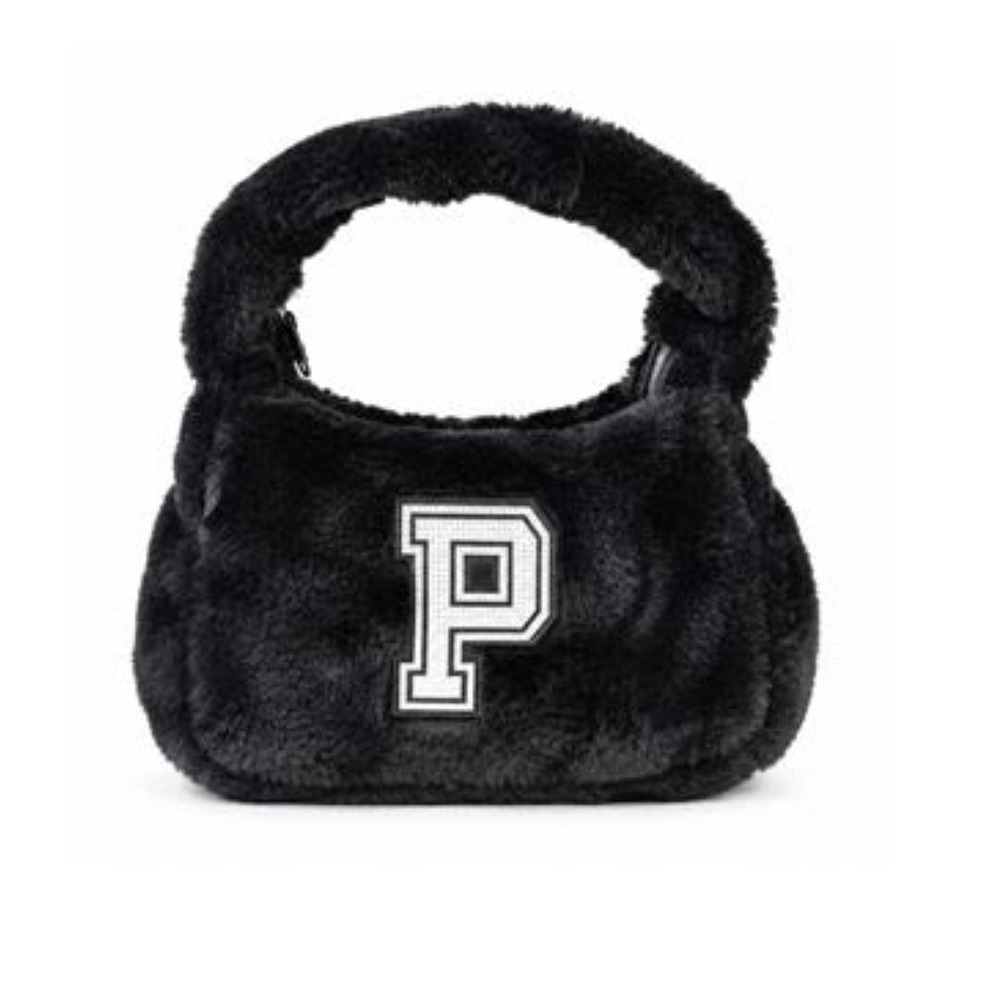 Y2K Paris Hilton Faux Fur Hobo Bag Women Small Black Rhinestone‎ P Bling Patch